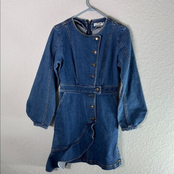 AMUR Sammy Denim Dress Size 6 Puff Sleeve Button Front Ruffle - Picture 4 of 14